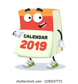cartoon tear-off calendar for 2019 year mascot showing himself on a white background