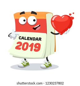 cartoon tear-off calendar for 2019 year character mascot keeps the heart on white background