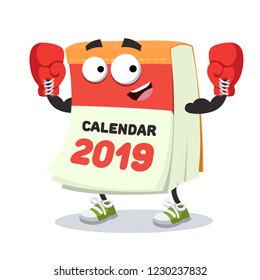 cartoon tear-off calendar for 2019 year mascot in red boxing gloves on white background