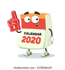 cartoon tear-off calendar for 2020 year character mascot with the number 1 one sports fan hand glove on a white background