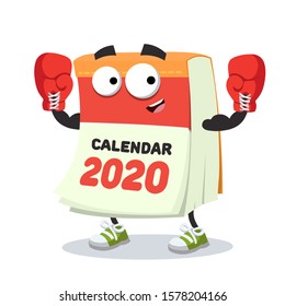 cartoon tear-off calendar for 2020 year mascot in red boxing gloves on white background