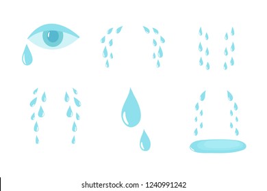 Cartoon tears. Cry and sweat drops. Crying tears, droplets from eyes vector isolated set