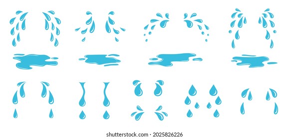 Cartoon tears. Flat water drops, drop of sweating or crying. Isolated blue rain elements, droplet and puddle. Despair emotions exact vector set