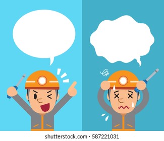 Cartoon technician expressing different emotions with speech bubbles