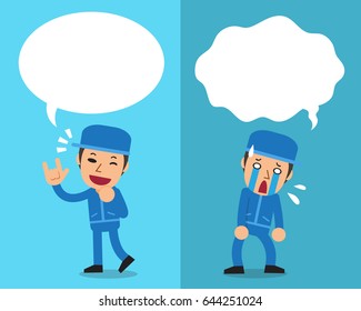 Cartoon a technician expressing different emotions with speech bubbles