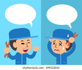 Cartoon technician expressing different emotions with speech bubbles