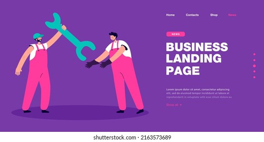 Cartoon technician giving huge wrench to colleague. Mechanics or repairmen in uniform sharing equipment flat vector illustration. Maintenance service concept for banner, website design or landing page