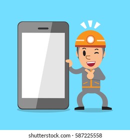 Cartoon technician and smartphone