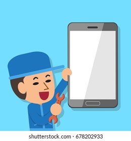 Cartoon a technician and smartphone