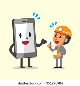 Cartoon technician and smartphone character
