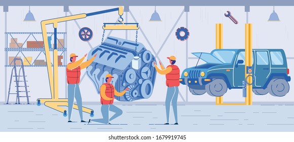 Cartoon Technician in Uniform Repair Motor Vehicle Engine. Automobile with Open Hood in Car Repair Shop. Repairman in Workshop. Professional Auto Maintenance Service Vector Illustration