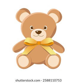 Cartoon Teddy Bear with 3D Bow Isolated on White Background. Icon Bear Plush Toy in Flat Style. Brown Animal with Paper Cut Ribbon. Vector Illustration Suitable for Kids Birthday, Invitation, Banner.