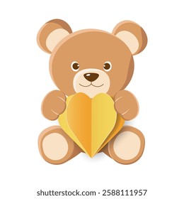 Cartoon Teddy Bear with 3D Heart Isolated on White Background. Icon Bear Plush Toy in Flat Style. Brown Animal with Paper Cut Heart. Vector Illustration is suitable for Kids Birthday, Invitation.