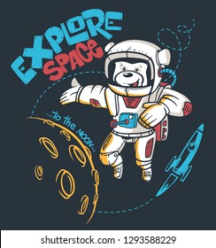 Cartoon teddy bear astronaut, space graphic,  t-shirt print.