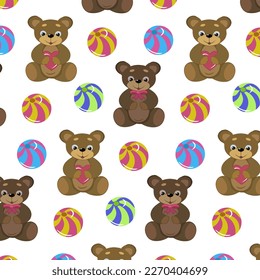 Cartoon teddy bear with a ball.Vector pattern with cartoon teddy bears and colorful balls on a transparent background.
