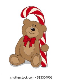Cartoon teddy bear with big candy. Vector illustration.