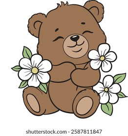 Cartoon Teddy Bear with Bouquet in color, black outline, line art, coloring, vector illustration