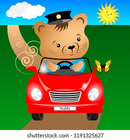 Cartoon Teddy bear in the car rides on the road and sees a butterfly sat on the mirror. Vector Illustration