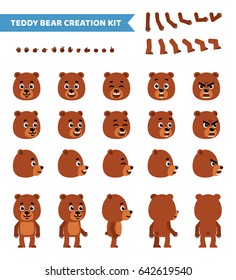 Cartoon teddy bear creation set. Various gestures, emotions, diverse poses, views. Create your own pose, animation. Flat style vector illustration