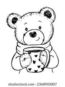 Cartoon teddy bear with cup of coffee isolated on a white background