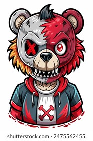 A cartoon teddy bear is depicted wearing a skull mask in this illustration