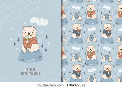 Cartoon teddy bear eating ice cream in sweater sitting on hill. Kids card print template and seamless background pattern set. Hand drawn surface design vector illustration