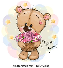 Cartoon Teddy Bear with flowers in a basket