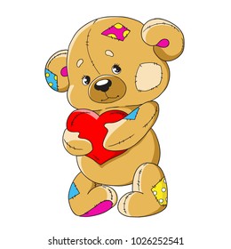 Cartoon teddy bear  Funny toy bear  A teddy bear and heart  Cute character for decoration  Vector isolated white background 