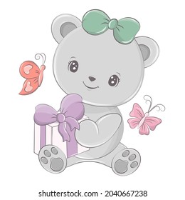 Cartoon teddy bear with a gift box in its paws. Cute bears vector illustration. Vector illustration of baby bear for nursery room decor, posters, greeting cards and party invitations