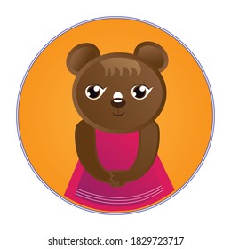 Cartoon teddy bear girl portrait on a crimson background in a frame. Flat illustration