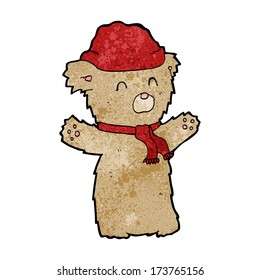 cartoon teddy bear in hat and scarf