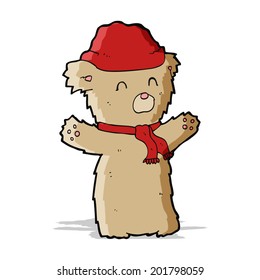 cartoon teddy bear in hat and scarf
