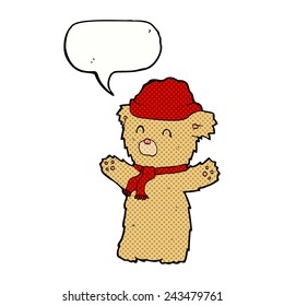 caricatura de osito de peluche con sombrero y bufanda con burbuja de habla