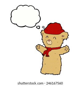 caricatura de osito de peluche con sombrero y bufanda con burbuja de pensamiento