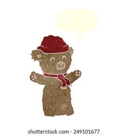 cartoon teddy bear in hat and scarf with speech bubble