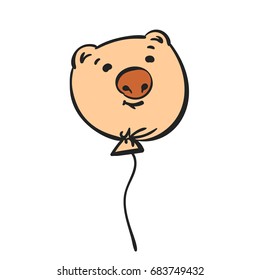 Cartoon teddy bear head balloon with big brown nose and cute face, Hand drawn illustration isolated on white