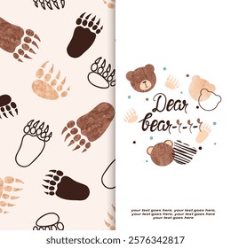 Cartoon teddy bear heads vector illustration. Nursery design, bears paw print