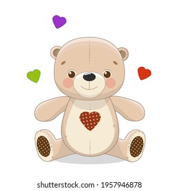 Cartoon Teddy bear with hearts.  Colorful clipart. Cute design for t shirt print, icon, logo, label, patch or sticker. Vector illustration.
