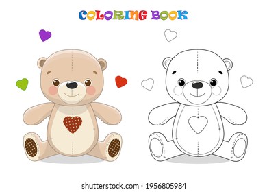 Cartoon Teddy bear with hearts. Coloring page and colorful clipart. Cute design for t shirt print, icon, logo, label, patch or sticker. Vector illustration.