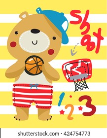 Cartoon teddy bear holding basketball on yellow and white stripes background vector.