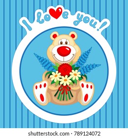 Cartoon teddy bear holding a bunch of colorful flowers. Valentine's day card. Illustration.