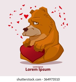 cartoon teddy bear holding red heart, Valentine's day card, vector illustration