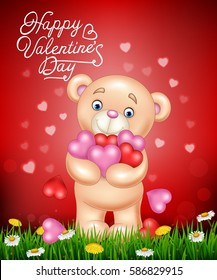 Cartoon teddy bear hugging bunch of heart