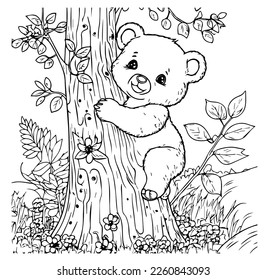 Oso de peluche de caricatura abrazando un árbol en un fondo blanco para colorear. Ilustración del vector