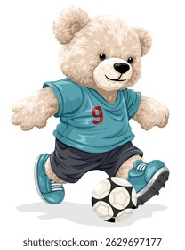 Cartoon teddy bear kicking soccer ball smiling
