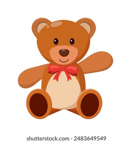 cartoon Teddy bear with red bow. Bear plush toy. Teddybear icon Isolated on white background. Vector illustration in flat style