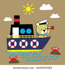 Cartoon teddy bear sailor looking through binoculars while sailing a boat surrounded by cheerful crabs and sunny sky. Children illustration concept
