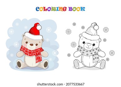 Cartoon Teddy bear in Santa hat and red scarf on a blue background with a snowflakes. Coloring page and colorful clipart. Cute design for t shirt print, icon, logo, label, patch or sticker. Vector 