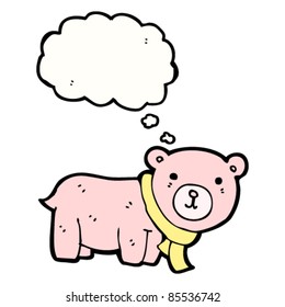 caricatura de osito de peluche con bufanda y burbuja de pensamiento
