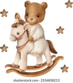 Cartoon Teddy Bear sitting on the toy horce. Gender neutral kids watercolor isolated illustration for nursery design, birthday, sublimation